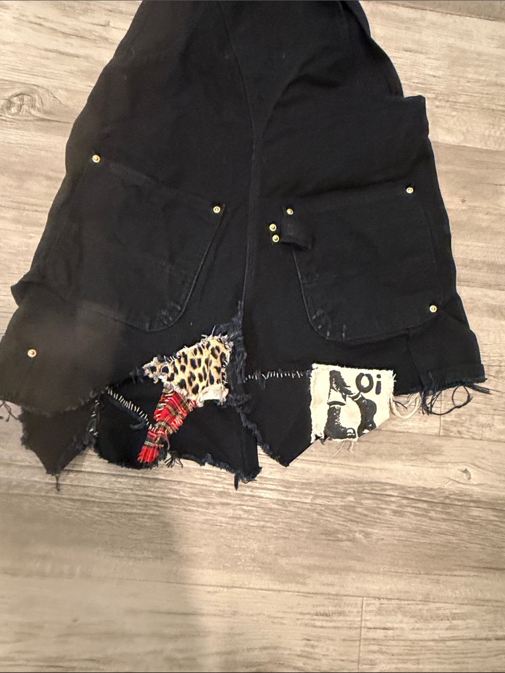 Carhartt Black Short Denim Overalls with Plaid & Leopard Patchwork - Picture 5 of 6